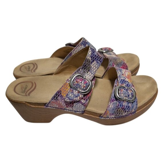 Dansko Sophie Sandals Womens 10 Watercolor Floral Snake Wedge Adjustable Leather - Picture 1 of 8